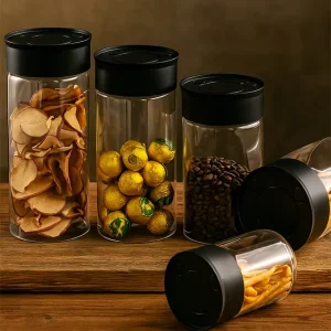White Food Storage Container Set with Sealed Plastic Pump Lid and Borosilicate Glass Coffee Jar
