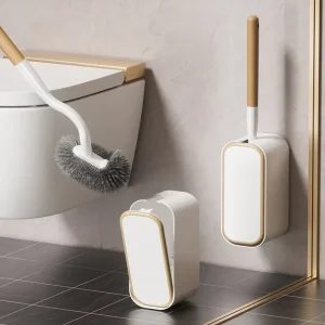 White Lid Wooden Handle PP Bristles Durable Modern Design Toilet Brush