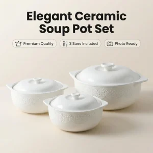 White Porcelain Embossed Lidded Soup Bowls, 8.5, 9.5, and 11.5 Inch, Heat Resistant