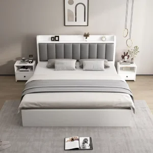 White Solid Wood Contemporary Storage Bed Modern Minimalist Upholstered Headboard Durable Eco Friendly Full Size Bed for