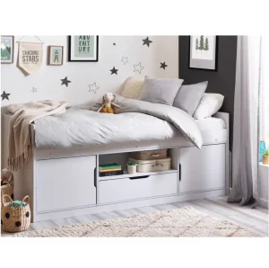 White Wooden Low Sleeper Bed Frame with Storage Compartments Child Safe Modern Design Kids and Teen Bedroom Furniture