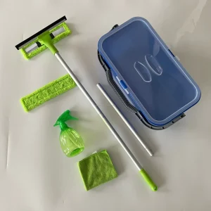 Window Cleaning Kit with Storage Basket, Cloths, Spray Bottle, Squeegee and Aluminum Handle