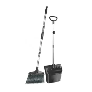 Windproof Broom and Dustpan Set Long Handle Plastic Lobby Dustpan with Wheel Cover PP Broom Head