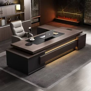 Wood Executive Desk and Chair Set with Walnut Grey Top