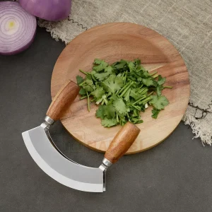Wood-Handle Mezzaluna Double-Blade Salad Chopper with Round Cutting Board