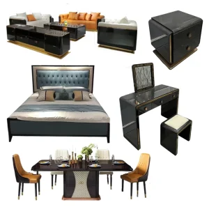 Wooden Home Furniture Set with Sofa, Dining Table, Chairs, Bed, Nightstand