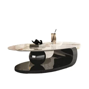 Wooden Oval Coffee Table with Sintered Stone Top
