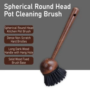 Wooden Pot Cleaning Brush with Spherical Round Head Kitchen Scrubber with Non Scratch Bristles Dish Brush for Cookware
