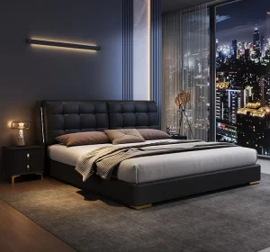 Wooden Queen Bed Frame Set with Upholstered Leather Headboard and Lighted Storage