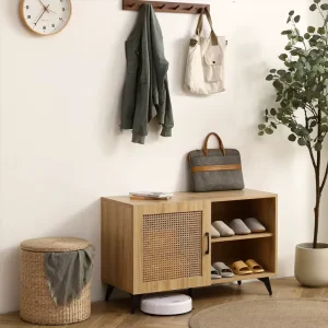 Wooden Rattan Shoe Cabinet Furniture with Open Shelves and Door Modern Shoe Rack Organizers for Entry Hallway