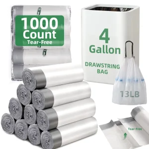 YC Custom Logo 4 Gallon Drawstring Trash Bags Pre separated Garbage Bags White Plastic Bin Liners for Office Wastebasket