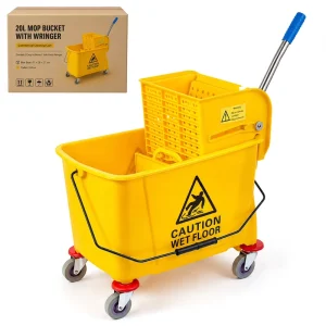 Yellow Plastic 4-Wheel Double Bucket Tilting Design Hotel Housekeeping Mop Accessories Storage Cart with Custom OEM Option